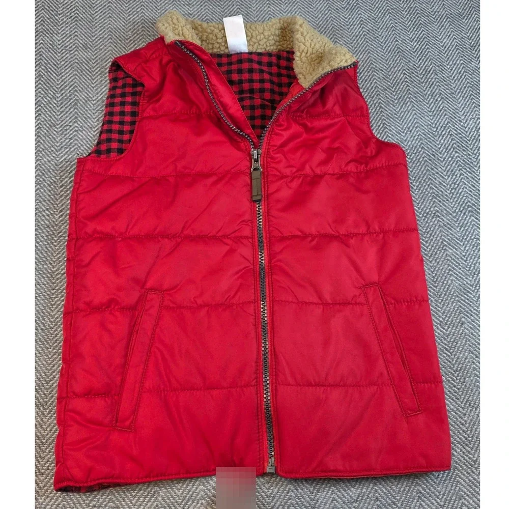 Carters Kid Red Puffer Vest Sherpa Collar Buffalo Plaid Lining Size 7 3J219010